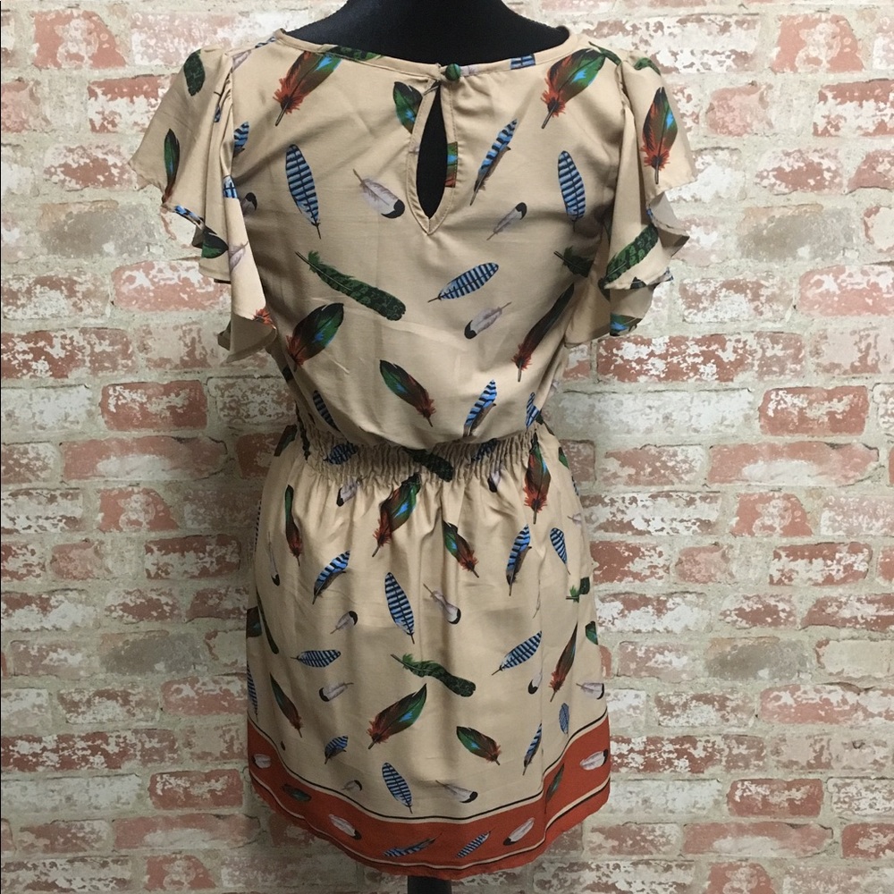 YUMI tan and brown feather print dress. - Picture 2 of 7